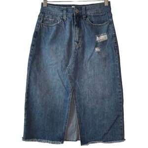 So Long Blue Denim Skirt Stretch Frayed  Bottom Hem Light Distressing Size 5/27W